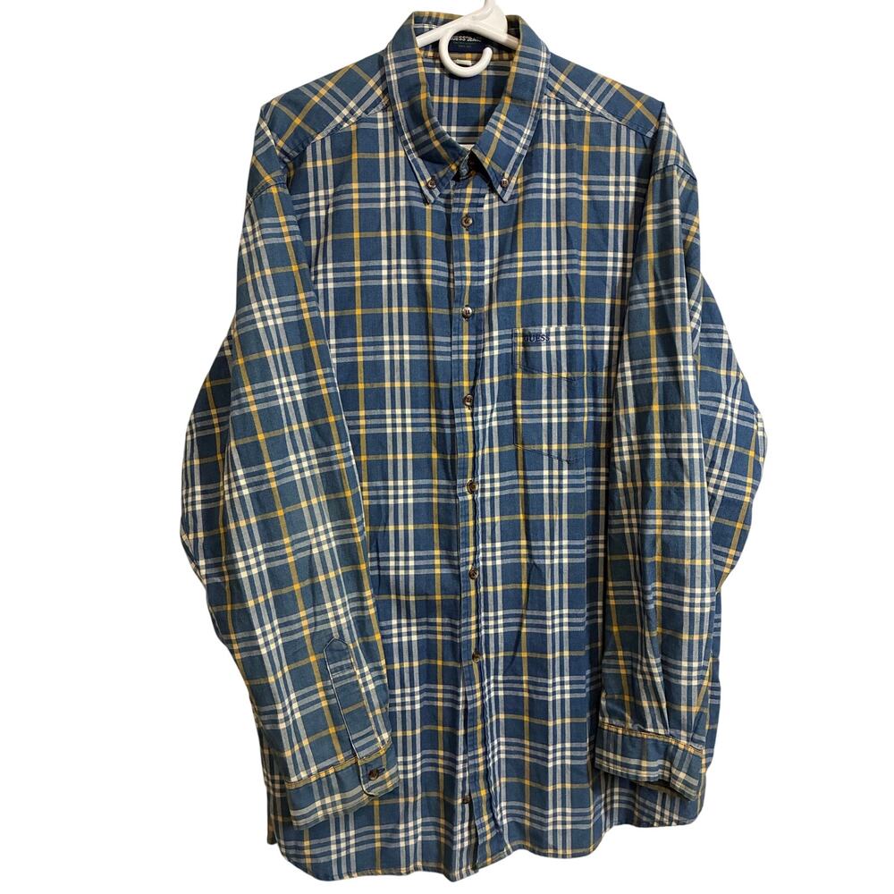 Vintage Guess Jeans XXL Blue Yellow Plaid Button Down Shirt 90s Grunge
